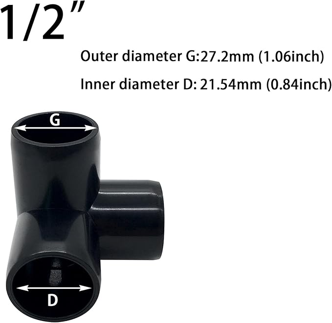 1/2“ Tee PVC Fitting 3 Way Elbow Connector, Furniture Grade 90 Degree Elbow Side Outlet, PVC Corner Fittings for Building Furniture Greenhouse Shed Tent Connection (Black-Pack of 8)