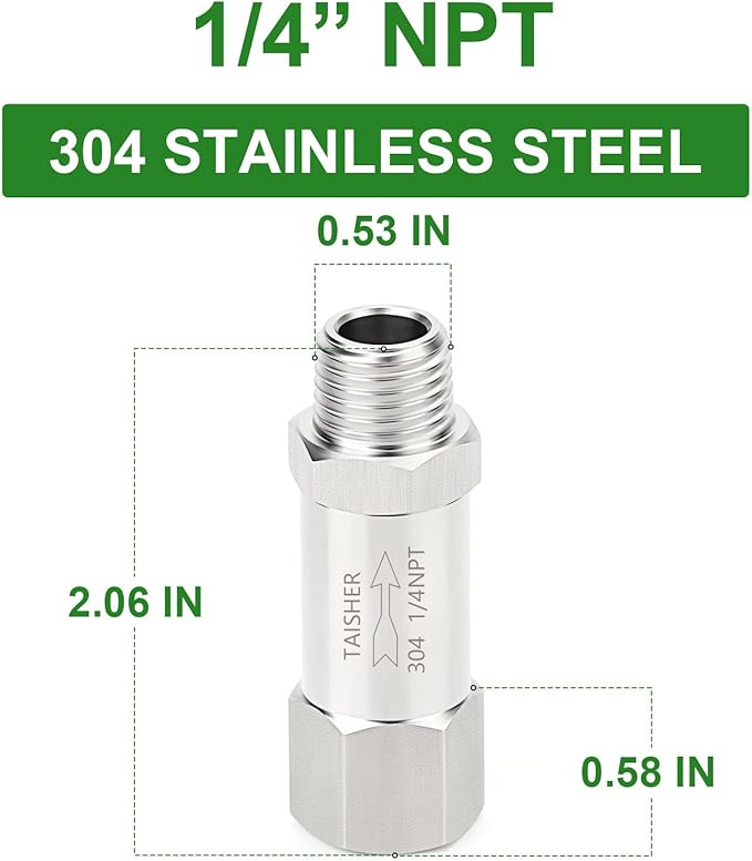 TAISHER 1PCS 304 Stainless Steel 1/4" NPT Male x 1/4" NPT Female Check Valve,Backflow Prevention,One Way Non-Return Check Valves