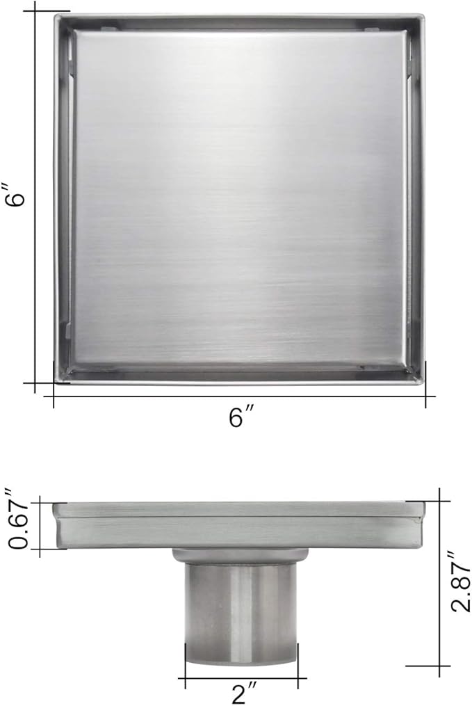 Square Shower Drain, Shower Drain 6 inch with 2 in 1 Tile-Insert Cover, Brushed AISI 304 Stainless Steel Shower Floor Drain with Hair Catcher