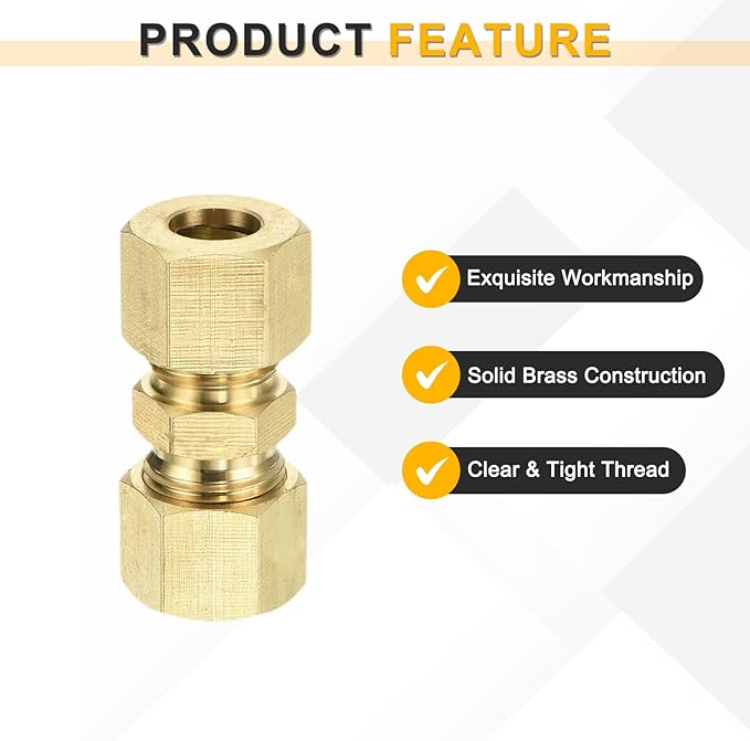 uxcell 10Pcs Brass Compression Tube Fitting, 5/16" Tube OD x 5/16" Tube OD Connector Straight Coupling Adapter Union Fittings