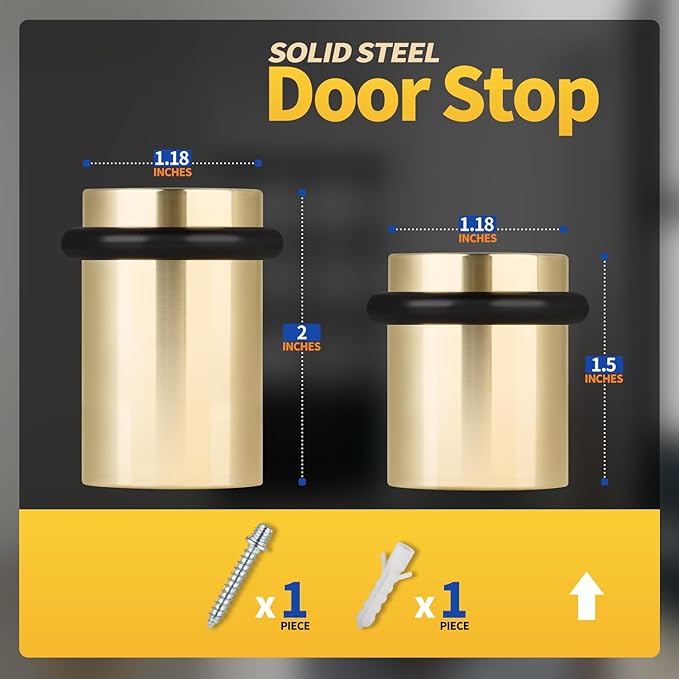 Floor Door Stopper Door Stop-Classy Solid Steel Modern Heavy Duty Door Stoppers -Floor Mount Anchor Screw-Wall Protector for Commercial Door(Golden, 2.0 Inch)