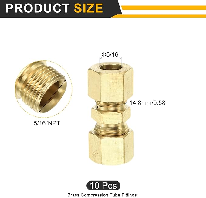 uxcell 3Pcs Brass Compression Tube Fitting, 5/16" Tube OD x 5/16" Tube OD Connector Straight Coupling Adapter Union Fittings