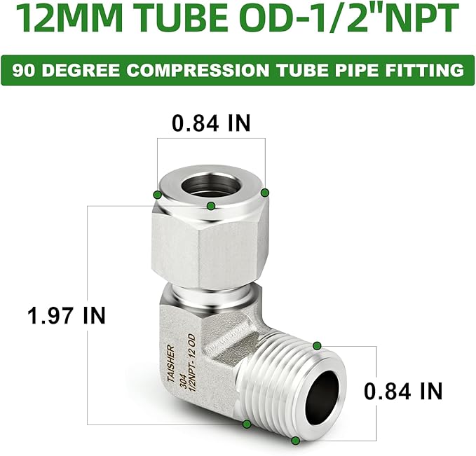 TAISHER 1PCS 304 Stainless Steel 90 Degree Compression Tube Pipe Fitting Connector, 12MM Tube OD x 1/2" NPT Male Adapter