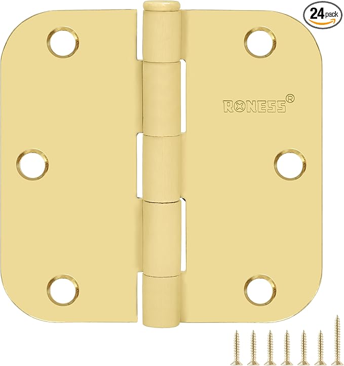 24 Pack Polished Gold Door Hinges 3.5 Inch, 5/8" Radius Rounded, Standard Residential for Doors 3 ½",Sturdy Hinges, Interior Hinges