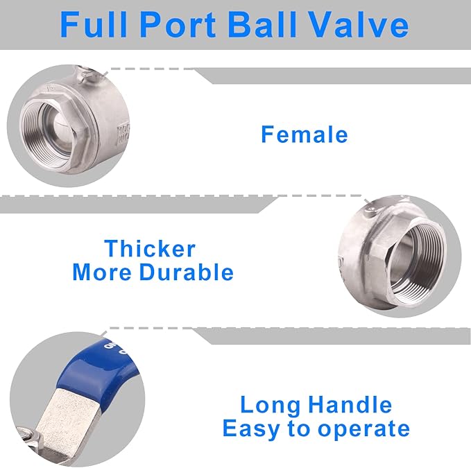 DERNORD Full Port Ball Valve Stainless Steel 304 Heavy Duty for Water, Oil, and Gas with Blue Locking Handles (2" NPT)