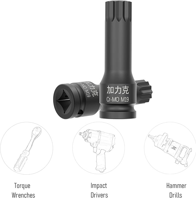 1/2-Inch Drive x M19(19mm） Impact XZN Triple Square Spline Bit Socket, Metric Lengthen Screwdriver Socket Adapter, 3-Inch Length, CR-MO Steel, One-Piece Construction, Black