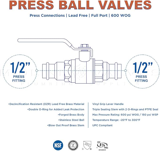 Midline Valve 5 Pack 1/2 Inch Press Ball Valve with Double-O-Ring, Full Port Press Ball Valve with 1/2" Connections, Brass Finish