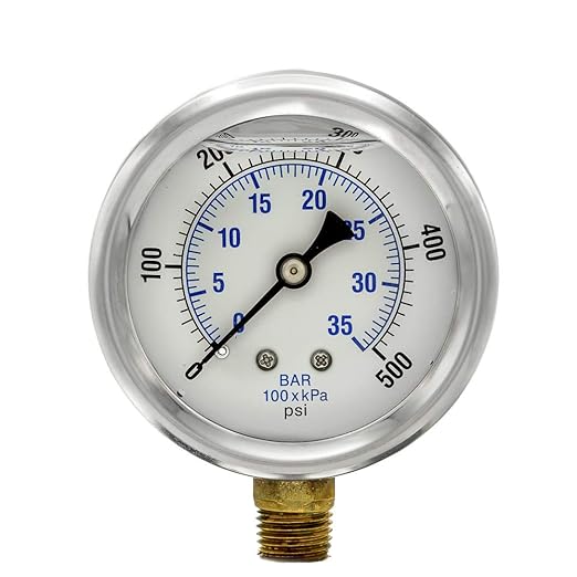 PIC Gauges PRO-201L-254J 0-500 PSI Pressure Gauge, 2 1/2" Dial, 1/4" Male NPT Connection, Bottom Mount, Dual Scale, Glycerin Filled, Stainless Steel Case/Bezel, Brass Internals & Plastic Lens
