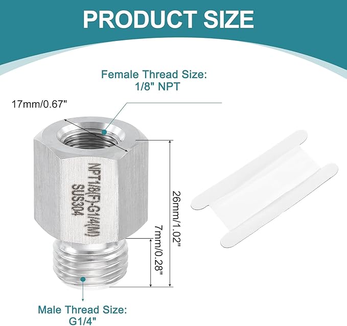 uxcell Pipe Fitting Reducing Adapter, G1/4" Male x 1/8" NPT Female 304 Stainless Steel Reducer Connector for Water Oil Air Pressure Gauge, Silver
