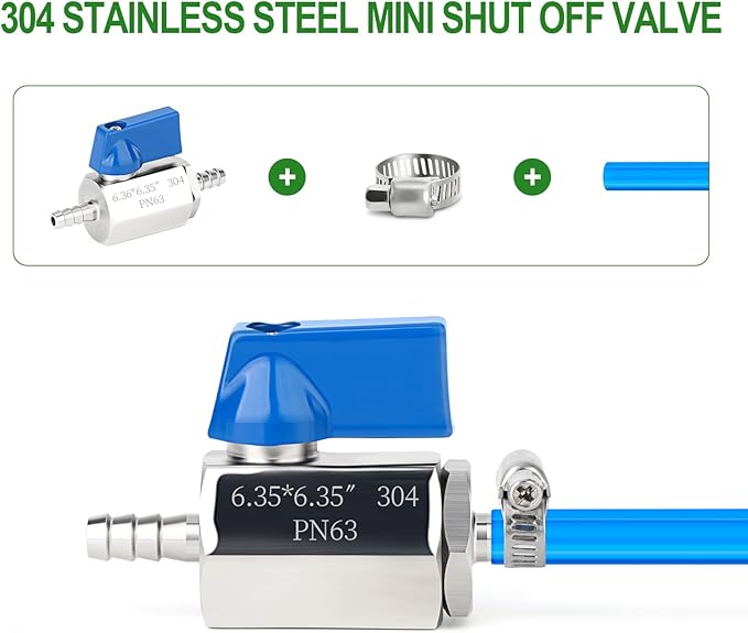 TAISHER 1PCS 304 Stainless Steel 1/4" Mini Ball Valve Shut Off Switch, 1/4” Hose Barb with 2PCS Hose Clamps