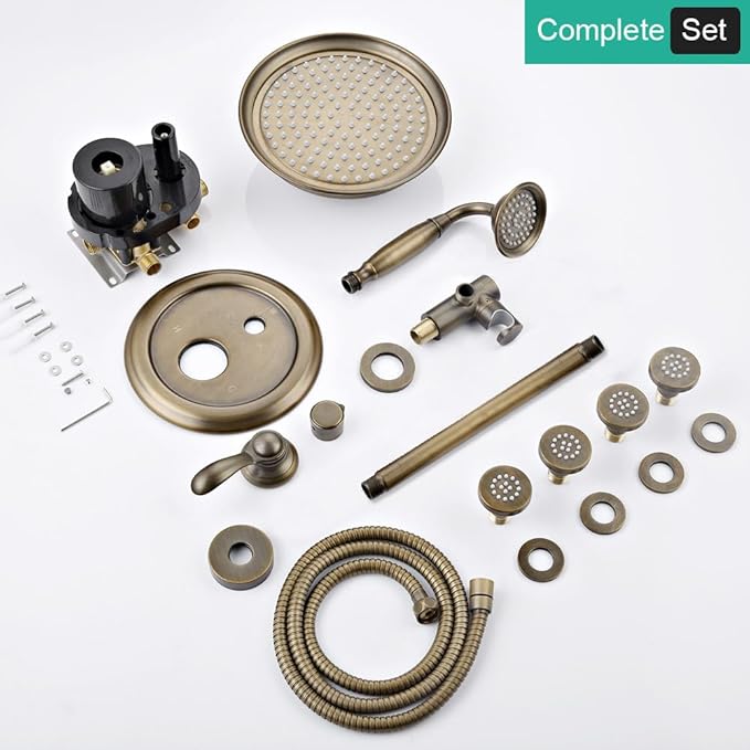 Antique-Brass Shower Faucet-Sets Fixtures: 9 inch Ceiling Rain Head with Handheld Spray and Body Jets, 3 Way Diverter Rough in Valve System included Trim Kit