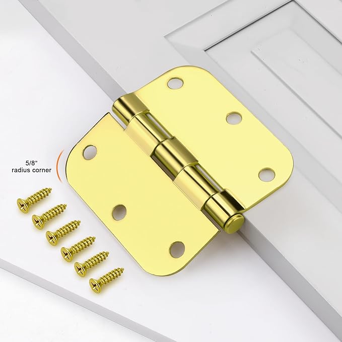 Probrico Interior Door Hinges Polished Brass, 3.5 X 3.5 Inch Door Hinges Rounded 5/8" Radius Corners, Nickel Hinges for Door Hardware, 3 Pack