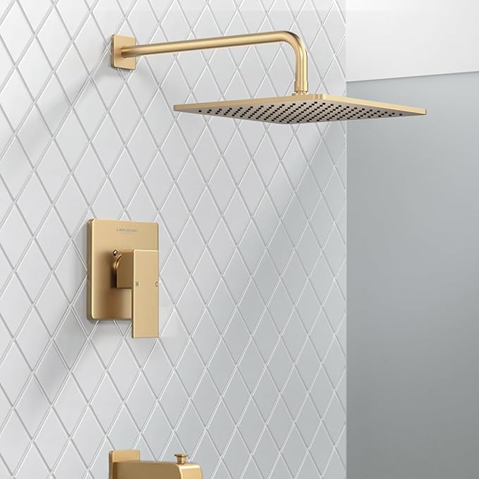 Lava Odoro 12-inch Square Bathtub and Shower Faucet Set Champagne Gold, Shower Trim Kit with Rough-in Valve High Pressure Gold Rainfall Shower Head and Handle Set, (Valve Included), SF106-CB-T