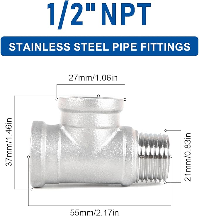 Kodilin Pipe Fittings 304 Stainless Steel Tee Pipe Fittings, Male Run Tee 1/2" NPT Female x 1/2" NPT Female x 1/2" NPT Male Thread Adapter - 4PCS
