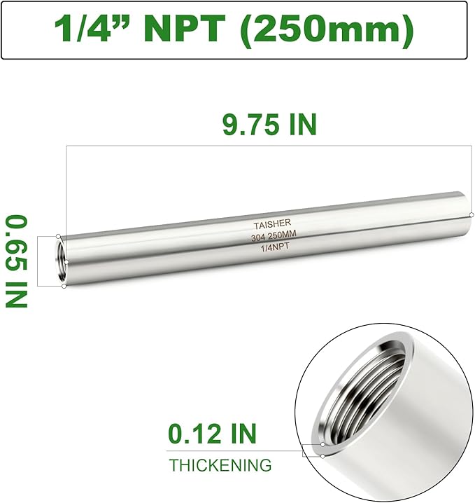 TAISHER 2PCS Stainless Steel Pipe Fittings, 1/4" NPT Female x 1/4" NPT Female Threaded, 10" Length Thickened Nipple Cast Pipe