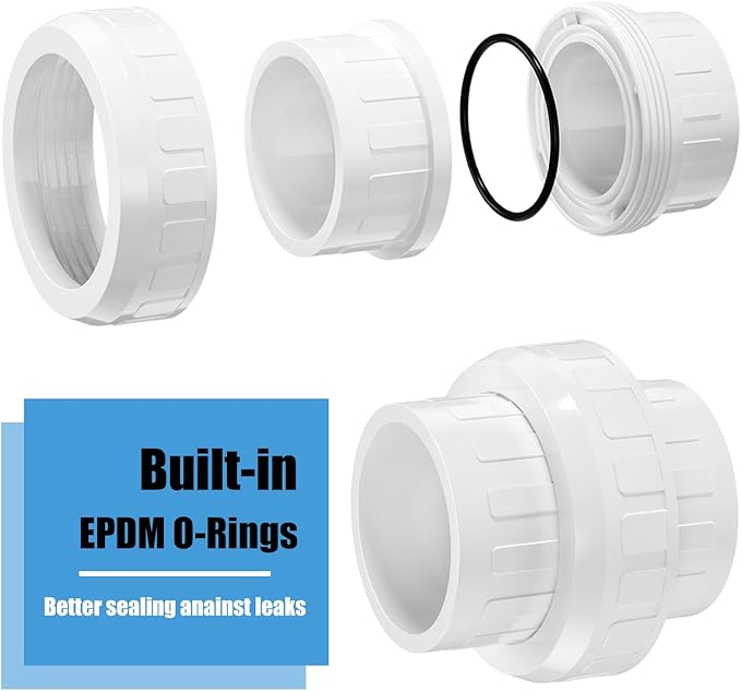 4PCS PVC Union Coupling 1-1/2Inch, Furniture Grade PVC Union Pipe Fittings with EPDM O-Ring, Schedule 40 White Slip Coupling Adapter for Irrigation, Pool & Spa System, indoor Plumbing Project