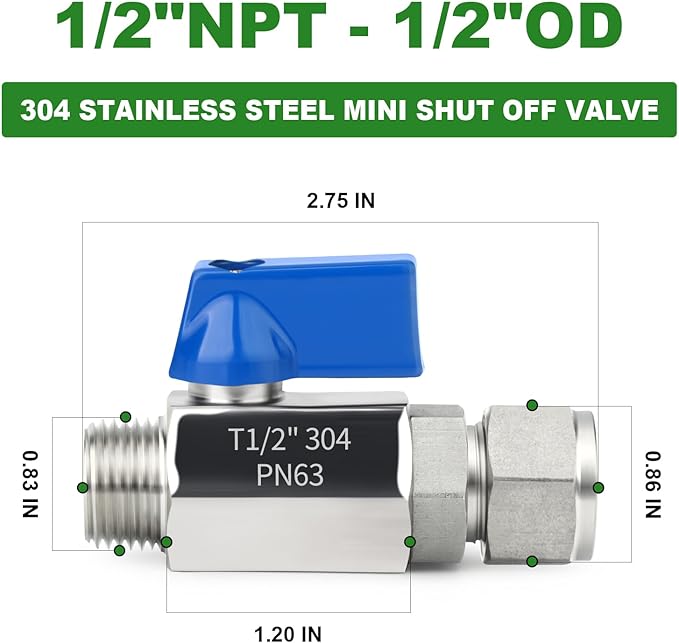 TAISHER 2PCS 304 Stainless Steel Compression Mini Ball Valve Shut Off Switch, 1/2" Tube OD x 1/2" NPT Male