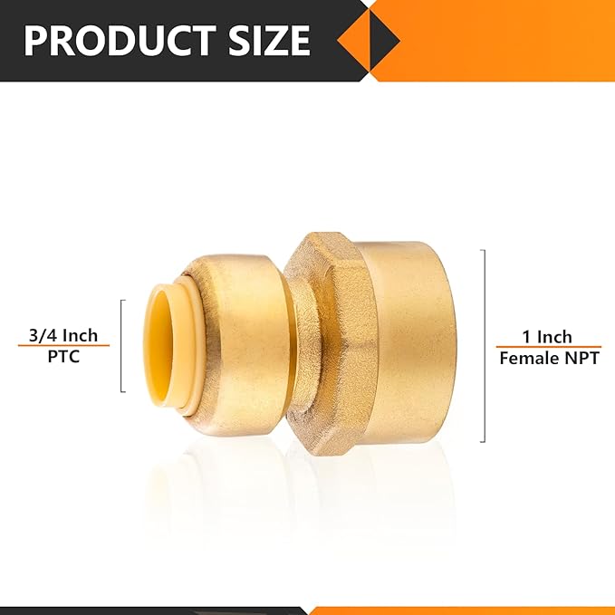 10-Pack HeSun Pushfit Female Adapter, 1" FNPT x 3/4" Push to Connect Plumbing Fittings with Disconnect Clip, Brass Push-fit Fittings for PEX, Copper, CPVC, PE-RT Pipes(PF136-10)