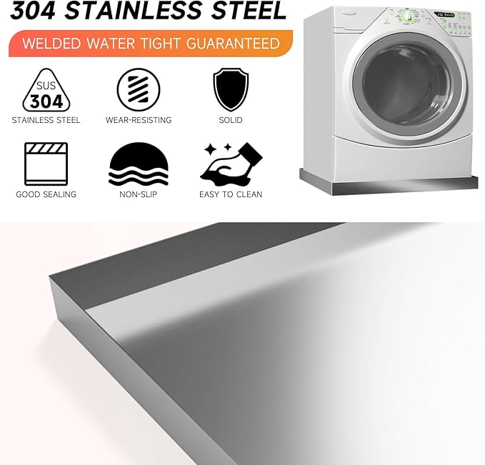 Washing Machine Pan-27" x 25" x 2.5" Heavy Duty 304 Stainless Steel Washing Machine Tray, Washer Pan, Washing Drain Pan, Protecting The Floor, Wood Deck, No Hole