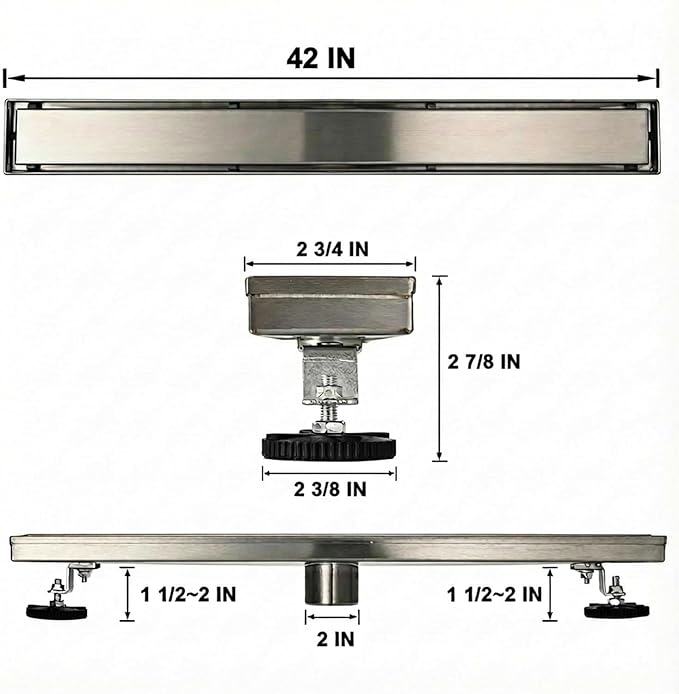 Linear Shower Floor Drain, 42 Inch Brushed Nickel 304 Stainless Steel Bathroom Drains Kit, Rectangular Shower Trench Drain with Reversable Tile-in Pattern Drain Cover & Hair Catcher