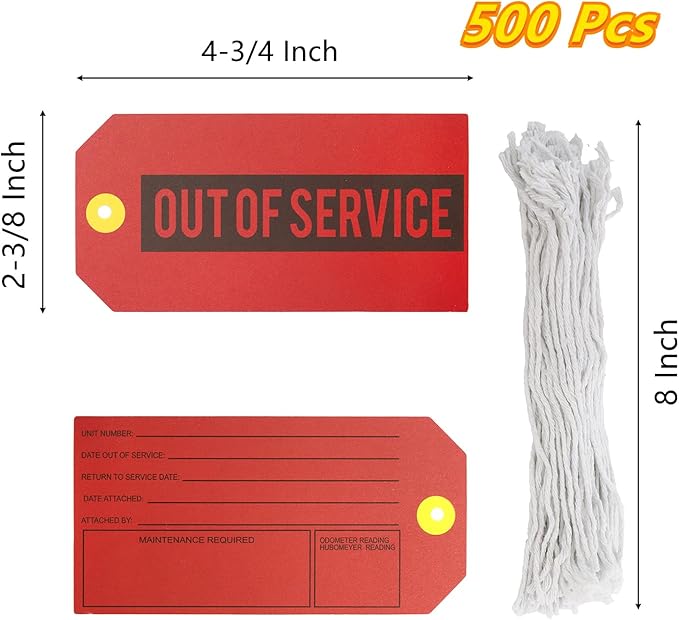 Frcctre 500 Pcs Red Out of Service Tags with String, 4-3/4 x 2-3/8 Inches Bulk Maintenance Required Tags Equipment Repair Required Labels for Machine Equipment Inspection Maintenance