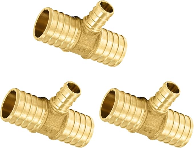 3-Pack Foskan PEX Fittings, 1"x1"x1/2" Reducing Tee,Brass Barb Crimp PEX Fittings for Hot or Cold Water Distribution