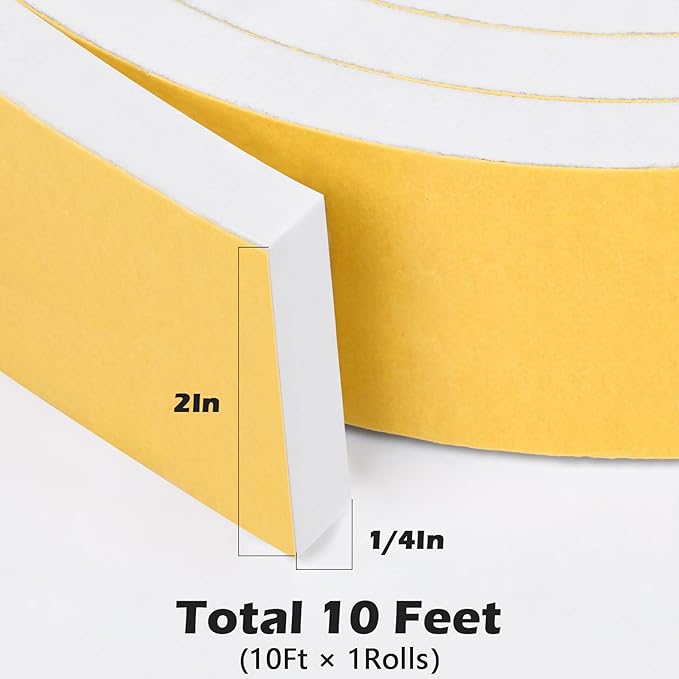 ToLanbbt White Door Window Weather Stripping Self Adhesive Foam Tape High Density Foam Sealing Strip Window Insulation Weatherproof Gasket Tape for Doors and Windows (2" W X 1/4" T X 10')