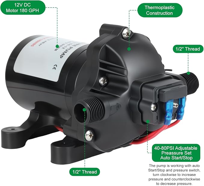 3 GPM RV Water Pump, 12V DC Diaphragm Pump with Automatic Pressure Switch 40-80PSI Adjustable, 3-Chamber, 1/2'' MNPT Port, for RV Yacht Food Truck Camper Marine,1 Pump + 1 Strainer,