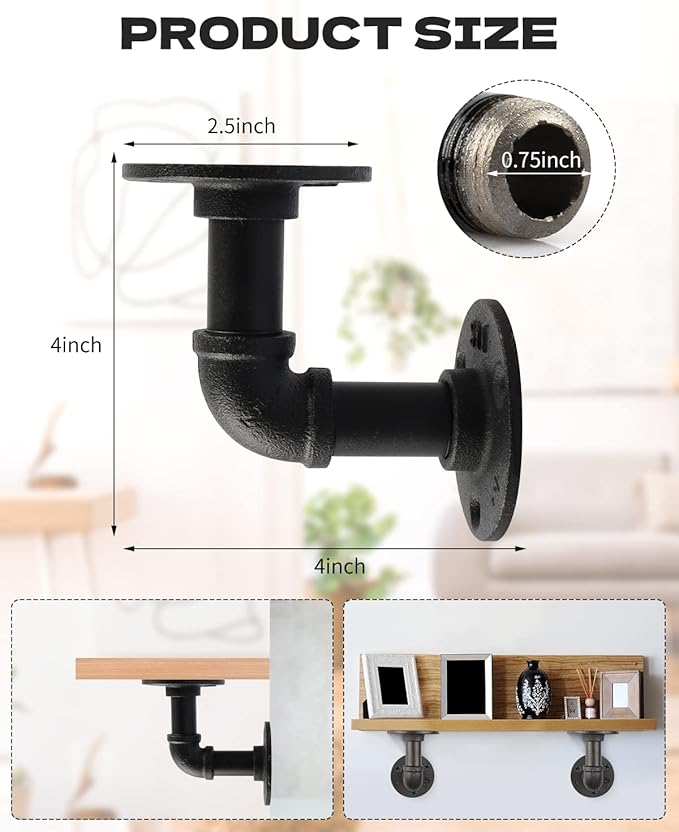 MUZIK Floating Shelf Bracket, 24 Pack Heavy Duty Wall Mount Metal Shelving Brackets for Shelves, Industrial Vintage Black Iron Finish DIY Pipe Shelving (4*4 Inch)