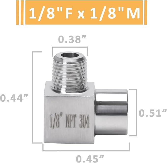 90 Degree Street Elbow - 1/8" NPT Male to 1/8" NPT Female Stainless Steel 304 Heavy Duty Forged Square Barstock Street Elbow Adapter Pipe Fitting (pack of 2)