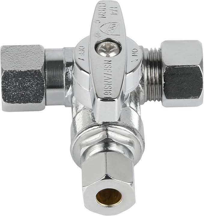 (Pack of 5) EFIELD 1/4-Turn Stop Tee Compression Stop Valve, 3/8" OD x 3/8" OD x 3/8" COM OD, Chrome Plated Brass, UPC Certified,(VALVE465-5PCS)