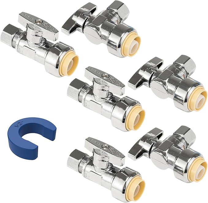 (Pack of 6) Push Fit 1/4 turn Stop Water Shut Off Valve Value Pack 3pcs 1/2 push fit x 3/8 OD Straight Stops & 3pcs 1/2 push fit x 3/8 ODAngle Stops For PEX, CPVC, Copper, LF Brass…