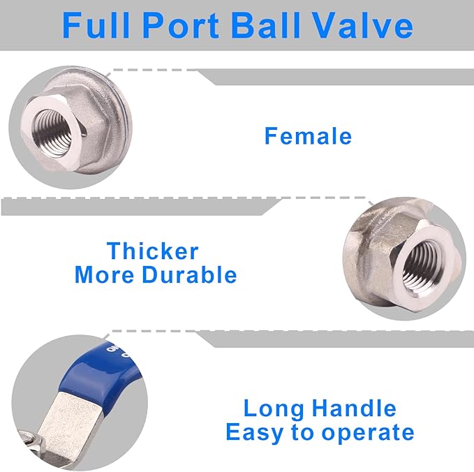DERNORD Full Port Ball Valve Stainless Steel 304 Heavy Duty for Water, Oil, and Gas with Blue Locking Handles (1/4" NPT)
