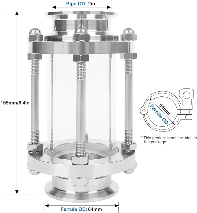 In-Line Sight Glass 2" Tri Clamp Flow Sanitary Straight Sight Glass Flow Pipe OD 50.5mm Stainless Steel Tri Clamp Type