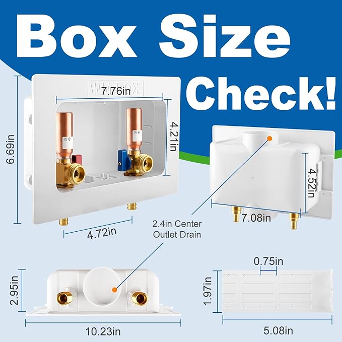 Washing Machine OutLet Box With Copper Water Hammer Arrestor, 1/2 Inch Pex Crimp Inlet x 3/4 Inch MHT Outlet, F1807 Center Drain Laudry Box