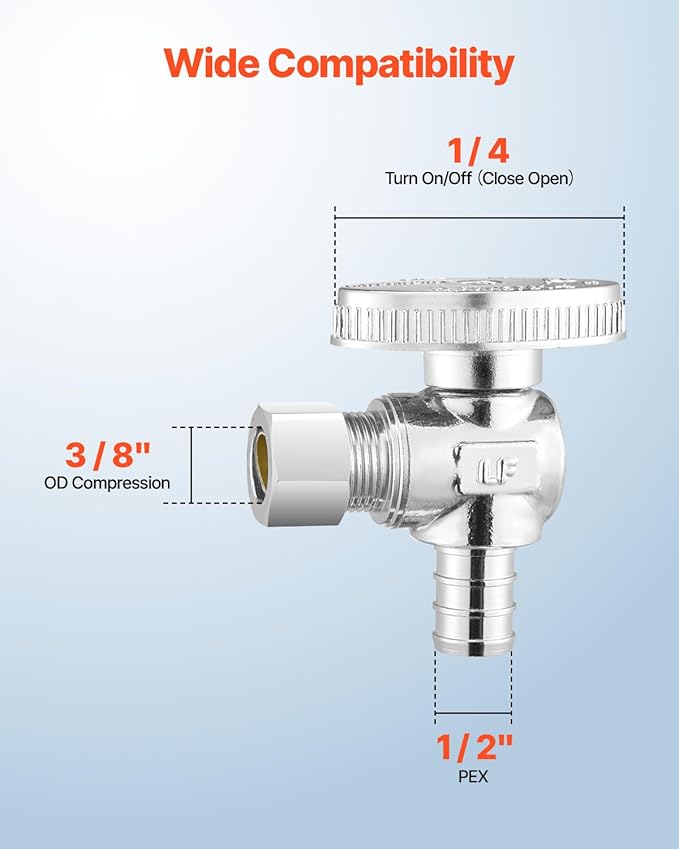 VEVOR 10 Pack Angle Stop Valve, Water Shut Off Valve 1/2" PEX x 3/8" OD Compression, 1/4 Turn Chrome Plated Brass Shutoff Valves for Bathroom Kitchen Toilet Shower Plumbing