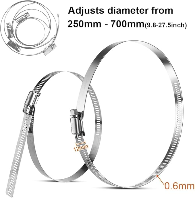 4 Pieces 700mm / 27.5inch Large Size Metal Stainless Steel Pipe Clamps Duct Clamps Hose Clamp Adjustable Ducting Clamps for Securing Hoses and Pipes Tube