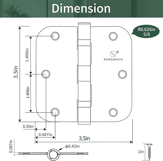 304 Stainless Steel Hinges 5/8 Radius Corners 3.5'' Ball Bearing Brushed Satin Nickel Door Hinges for Interior Exterior Door-3 Pack