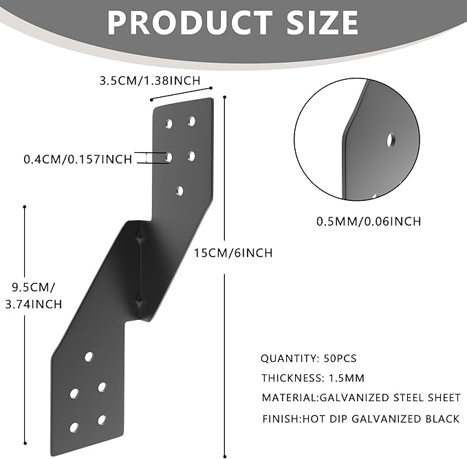 (50pcs) 16-Gauge Thick Hurricane Straps, Black Powder-Coated Rafter Ties, Heavy Duty Right Rafter Brackets, Strong Hurricane Clips, Tie Brackets for House, Roof Trusses, Shed, Building (Right)
