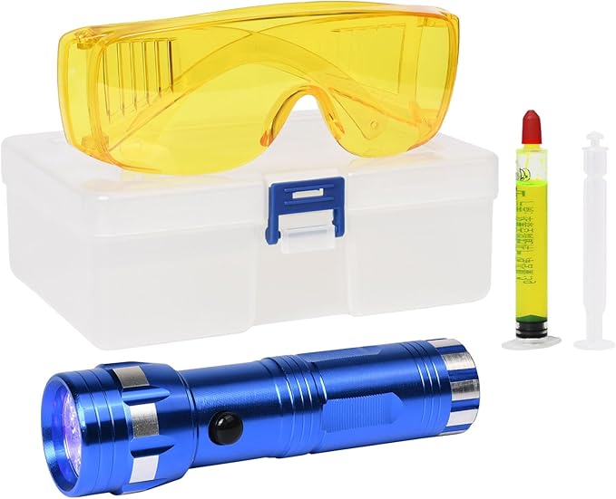 Car AC Leak Detector Kit, Professional Car Tool Automotive AC UV Dye Leak Detection Kit includes LED Flashlight and Fluorescent Protective Glasses with Box for Car Refrigerant Leak Detector Tool
