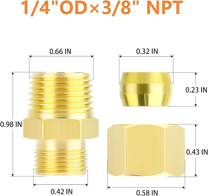 GASHER 10PCS Brass Compression Tube Pipe Fitting Connector, Straight Coupling Adapter 1/4" Tube OD x 3/8" NPT Male Connector