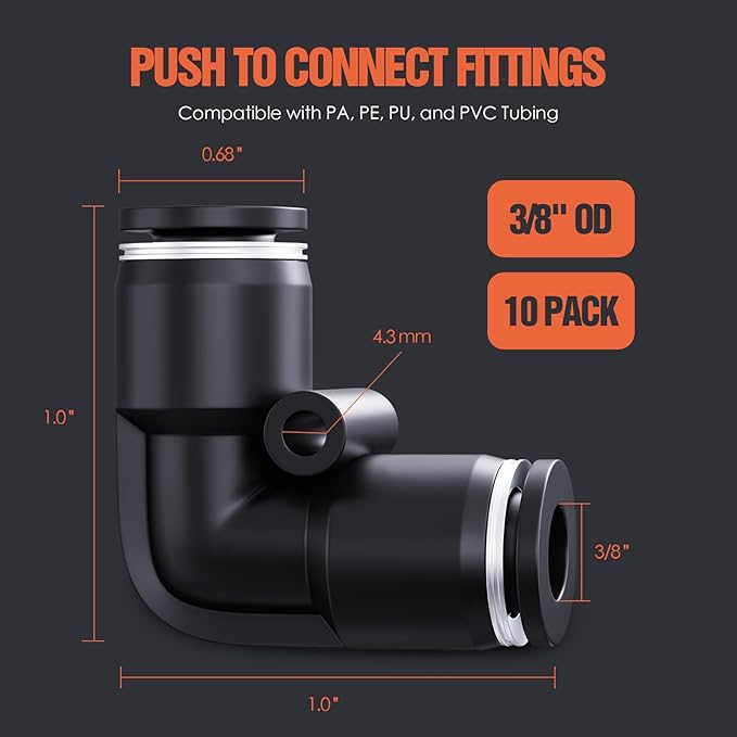 3/8" OD Push to Connect Fittings – Air Line Elbow Connectors, Quick Connect Pneumatic Fittings, Push Lock Air Hose Fittings for Compressor, Air Tools & Tubing (10 PCS)