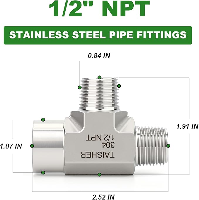 TAISHER 1PCS Forging of 304 Stainless Steel Tee Pipe Fittings, 1/2" NPT Female x 1/2" NPT Male x 1/2" NPT Male Pipe Fittings, Female Run Tee