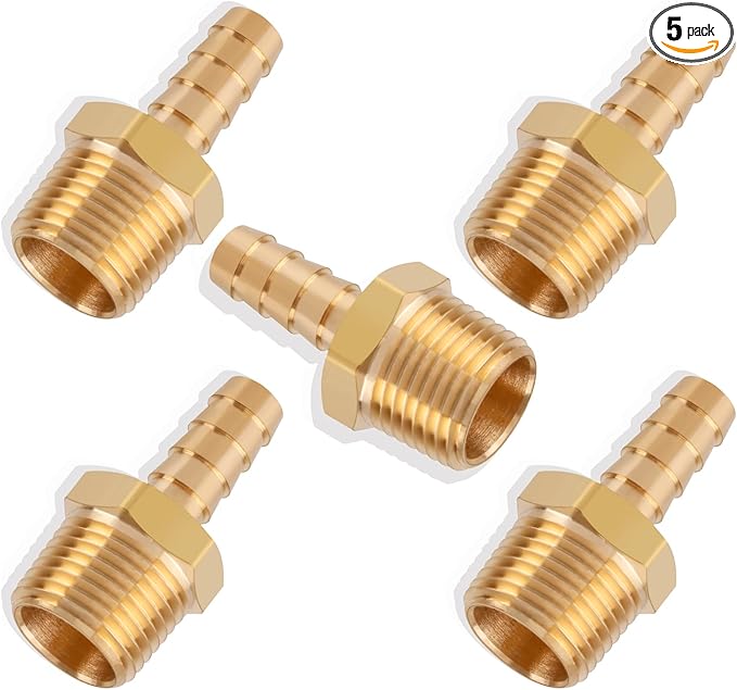5pcs Brass Hose Barb Fittings 3/8 Inch Barb to 1/2 Inch NPT Male Thread Air Hose Fittings Adapter Connector Water Fuel Air Line Fittings 3/8” Barb × 1/2” NPT Brass Fittings