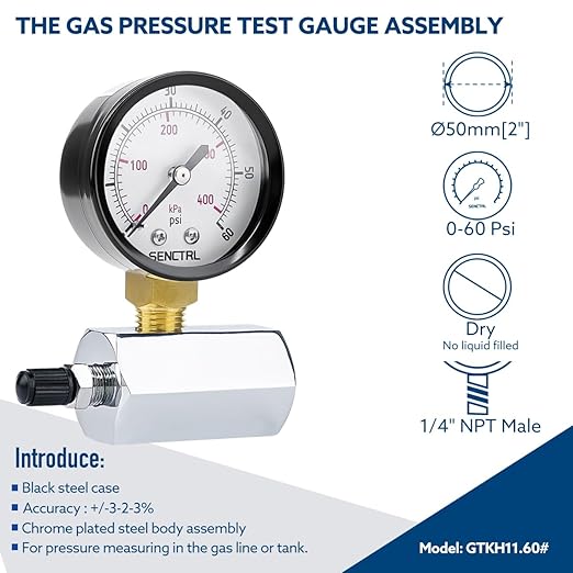 SENCTRL 0-60 Psi Gas Pressure Test Gauge, 2" Dial Size, 3/4" FNPT Connection, Brass Valve, Chrome Plated Steel Body Assembly
