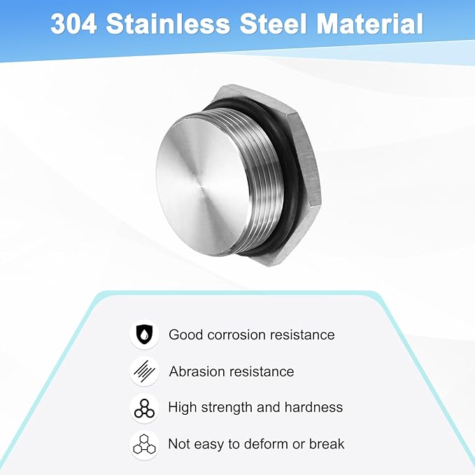 1-Pack Outer Hex Head Thread Pipe Plug Fitting, M32x1.5mm Male 304 Stainless Steel Solid Thread Bung Plug with Sealing Ring for Terminating Pipe Ends