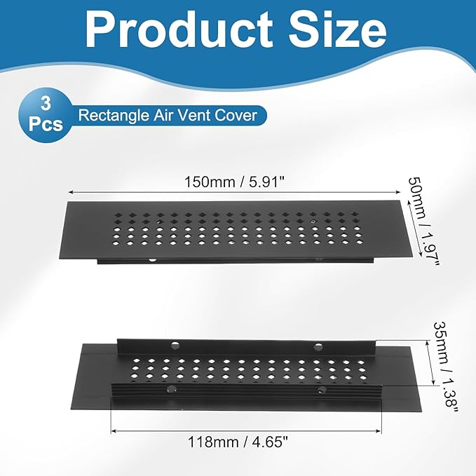 PATIKIL 6 x 2 Inch Door Air Vent Cover, 3 Pcs Aluminum Grille Ventilation Cover Louvered Diamond Hole with Mounting Screws for Cabinet Wardrobe Ceiling Door, Black