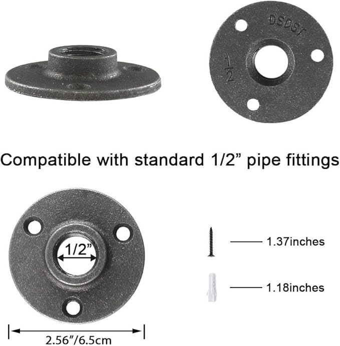 GeilSpace Floor Flange, Malleable Iron Pipe Fittings - Vintage DIY Industrial Shelving, Industrial Decor, Furniture DIY (1/2", Grey)