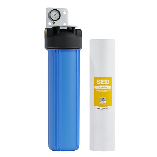 Max Water Whole House Water Filter Housing, 20" x 4.5" Sediment Carbon Cartridge Universal Housing, Pre-Filtration System for Well and City Water with 1" NPT Port and Include 1 Sediment Filter