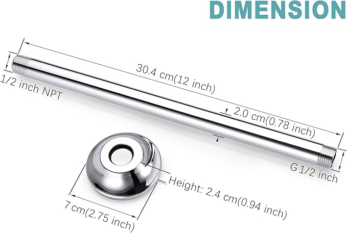 BESTILL 12 Inch Ceiling Mount Rain Shower Head Arm and Flange, Chrome